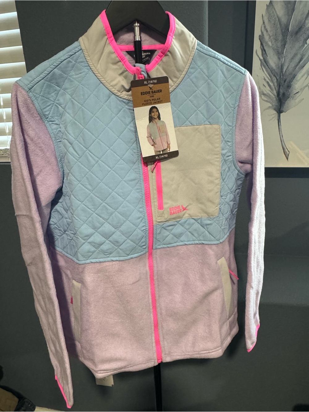 Eddie Bauer Girls' Quilted Fleece Jacket - Light Blue, Lavender & Pink Trim